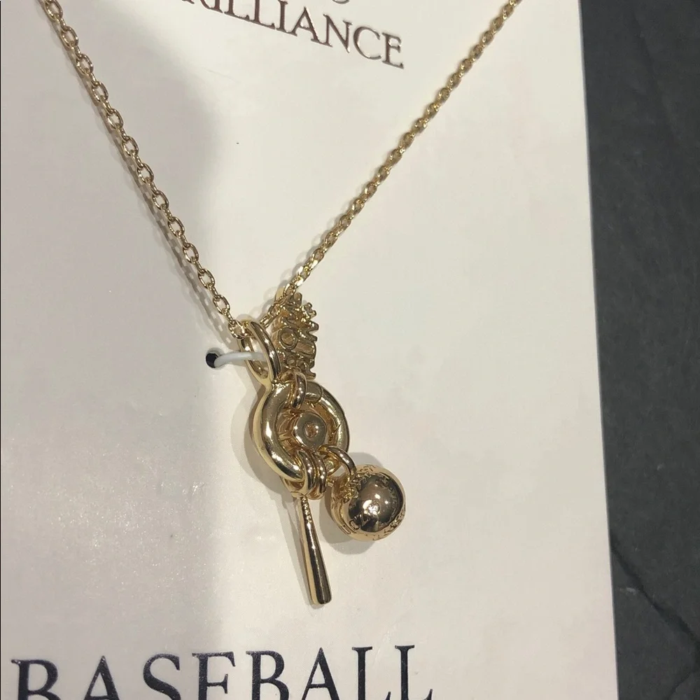 14KT gold plated cz solitaire 18” baseball‎ Home Run monogram necklace brand new
